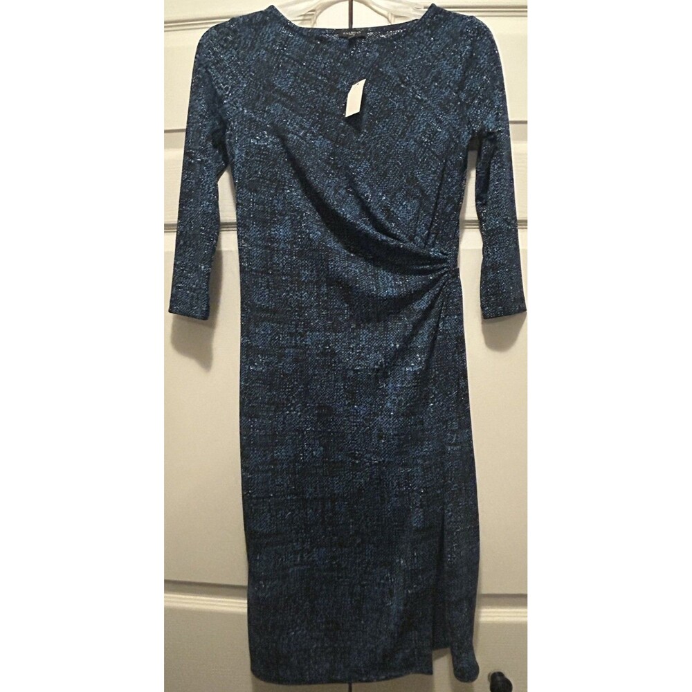 Talbots Petites size P Blue and Black Print Faux Wrap dress Career Cocktail NEW